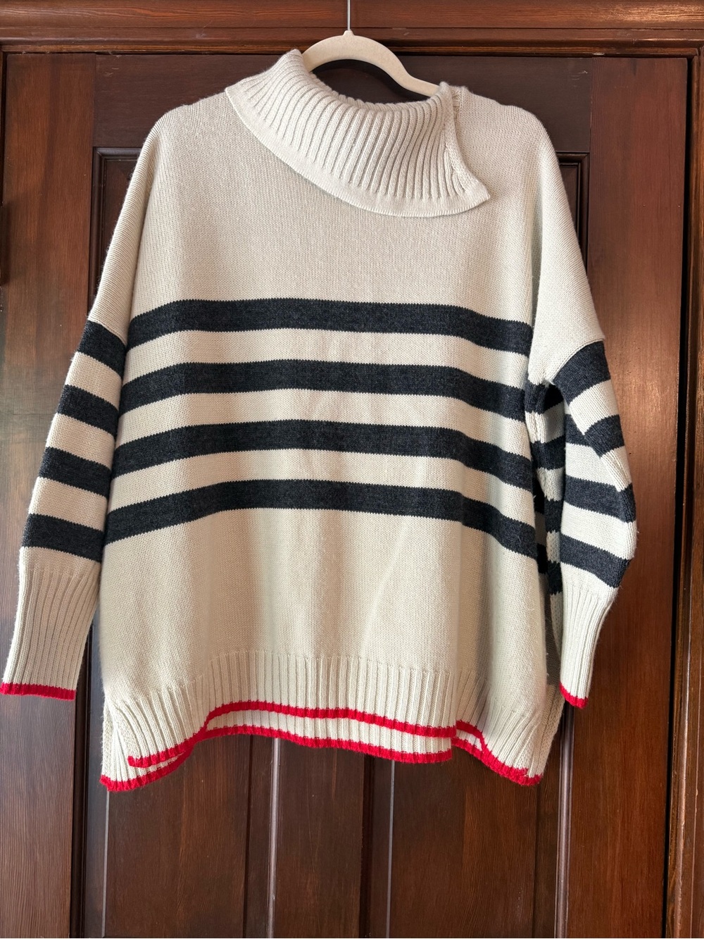 Mersea Cream & Black Striped Turtleneck Sweater with Red Trim